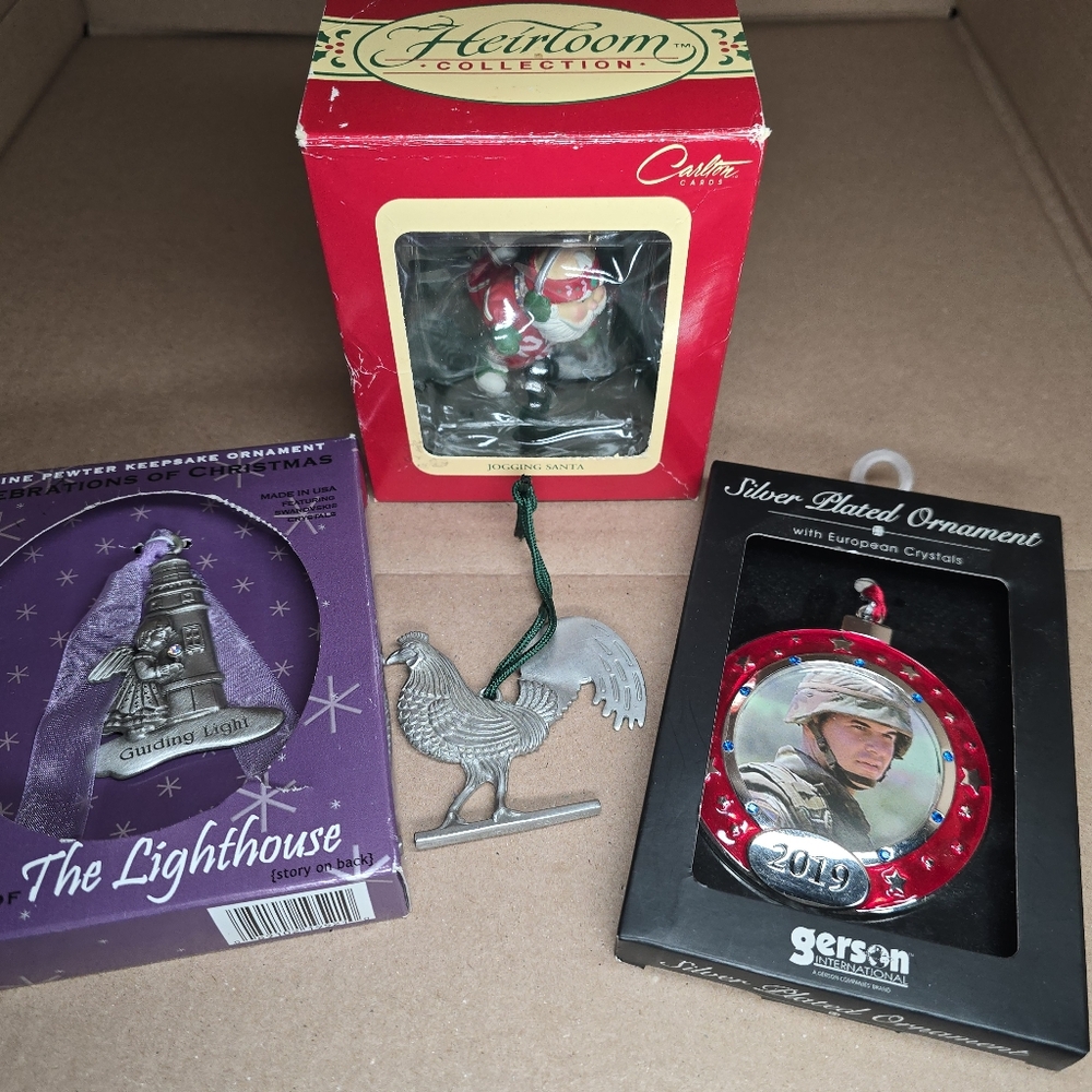 Bundle-4 Christmas Ornaments-1994 Jogging Santa, Rooster,Lighthouse,Crystal Ball